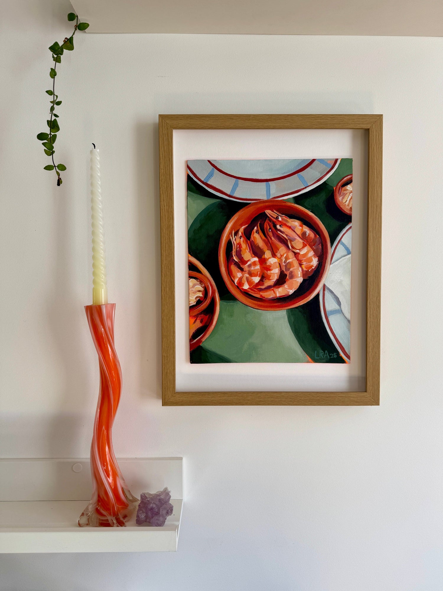 image of an original painting of shrimp in a bowl