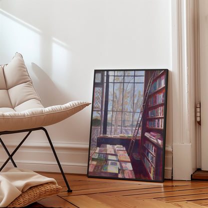 Framed artwork of a room with books and a window on a wooden floor.