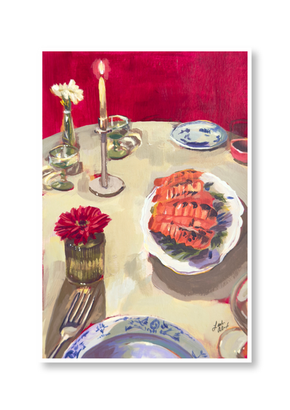 Artistic depiction of a dining table setting with plates, cutlery, and a candle.