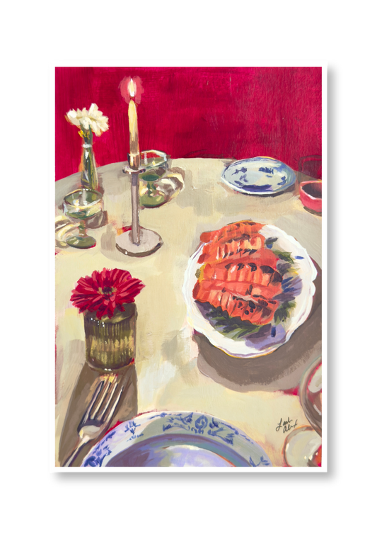 Artistic depiction of a dining table setting with plates, cutlery, and a candle.