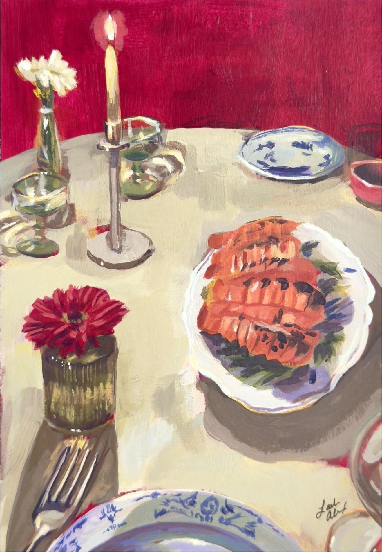 Artistic depiction of a dining table setting with plates, flowers, and candles against a red wall.